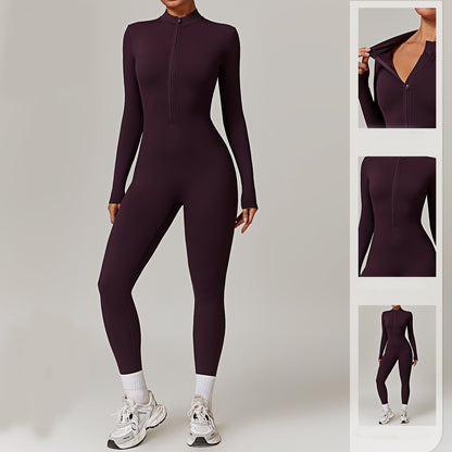 Warm Zipper Long-sleeved Jumpsuit Yoga Fitness Sports Pants Breathable Bodysuit Women&