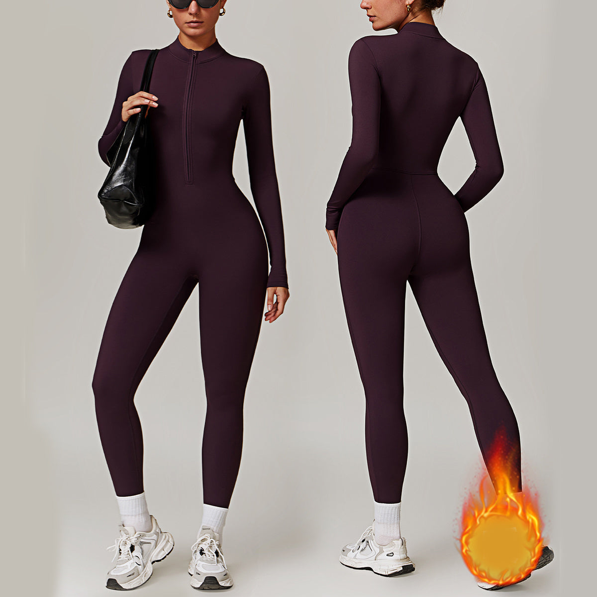 Warm Zipper Long-sleeved Jumpsuit Yoga Fitness Sports Pants Breathable Bodysuit Women&