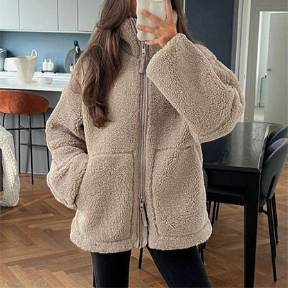 Winter Lapel Zip-up Coat With Pockets Casual Fashion Solid Fleece Jacket Fall Spring Long Sleeve Women&