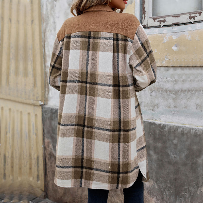 New Brushed Plaid Long Coat With Pockets Fashion Winter Jacket Outwear Women&