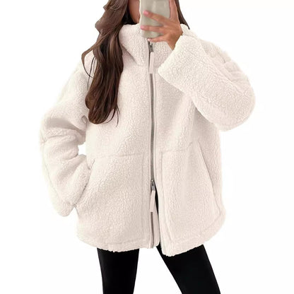 Winter Lapel Zip-up Coat With Pockets Casual Fashion Solid Fleece Jacket Fall Spring Long Sleeve Women&