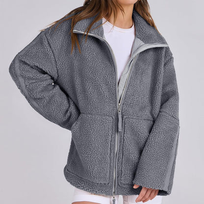 Winter Lapel Zip-up Coat With Pockets Casual Fashion Solid Fleece Jacket Fall Spring Long Sleeve Women&