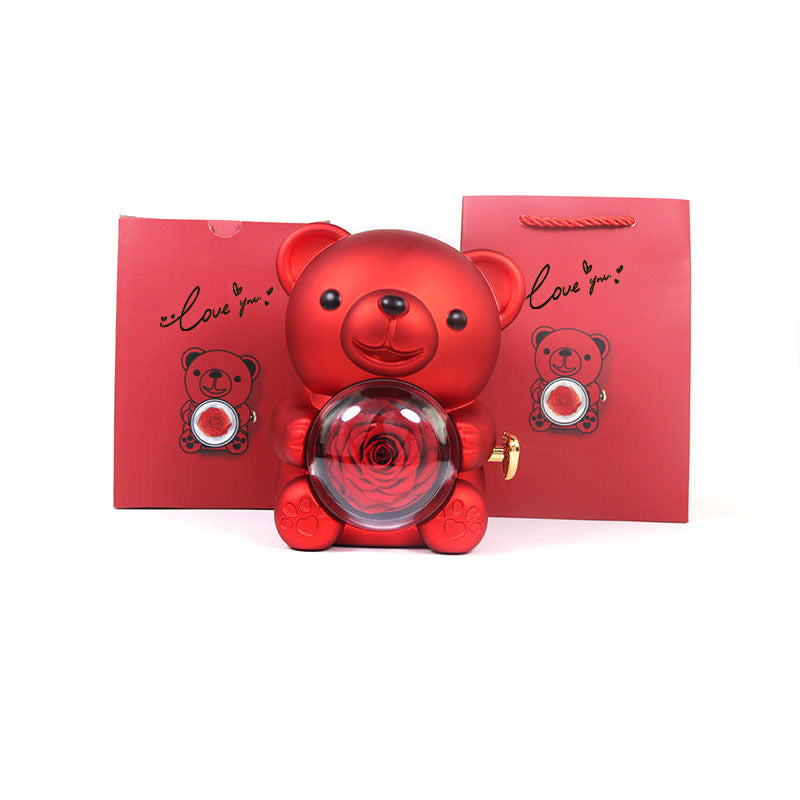 Eternal Rose Teddy Bear Gifts Box With Necklace Rotate Rose Jewelry Box Valentine Wedding Storage Gift Case For Women Girlfriend