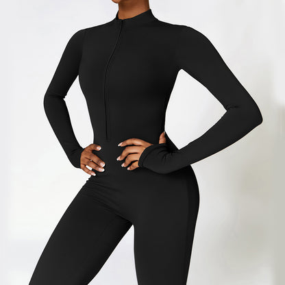 Warm Zipper Long-sleeved Jumpsuit Yoga Fitness Sports Pants Breathable Bodysuit Women&