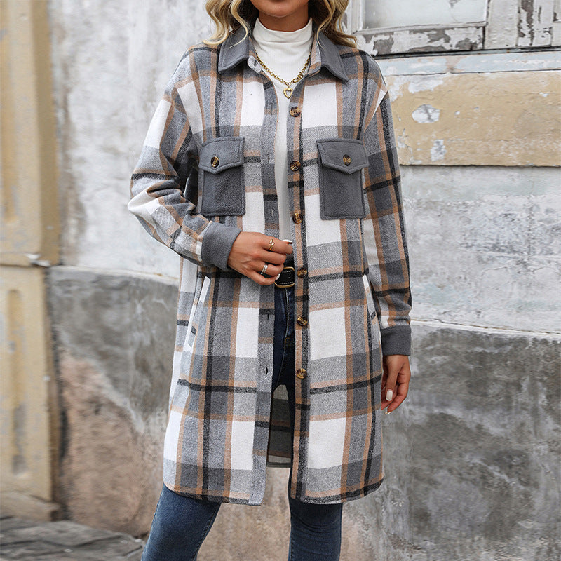 New Brushed Plaid Long Coat With Pockets Fashion Winter Jacket Outwear Women&