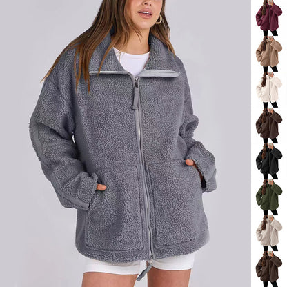 Winter Lapel Zip-up Coat With Pockets Casual Fashion Solid Fleece Jacket Fall Spring Long Sleeve Women&